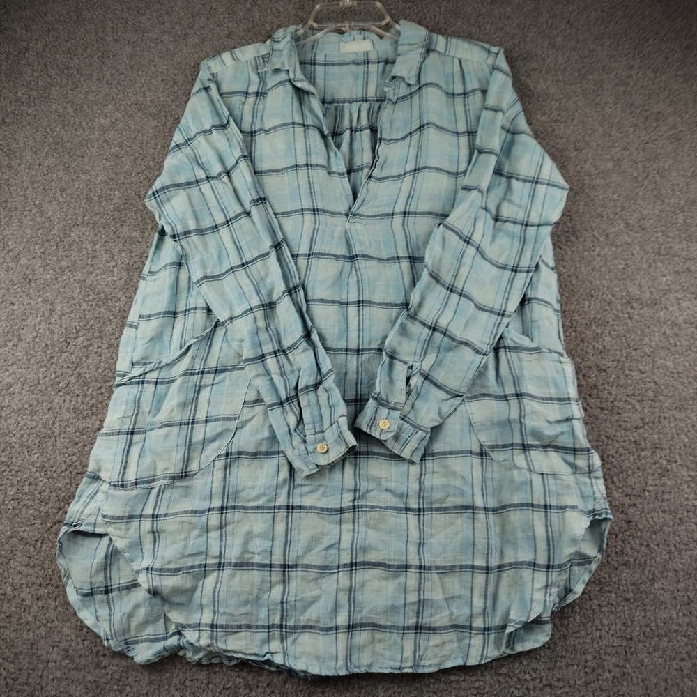 CP Shades Linen Top Sz Small Plaid Blue Long Sleeve V-Neck Pockets Coastal